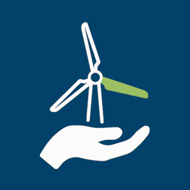 Gedrehte Windmühle Animation in der Hand auf blauem Hintergrund